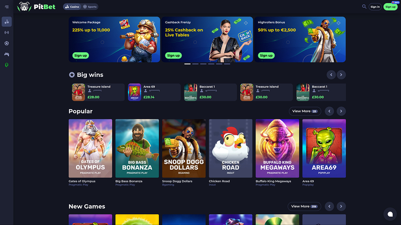 An online casino lobby screen for PitBet showing promotional banners, a Big Wins ticker, and game tiles under Popular and New Games sections.