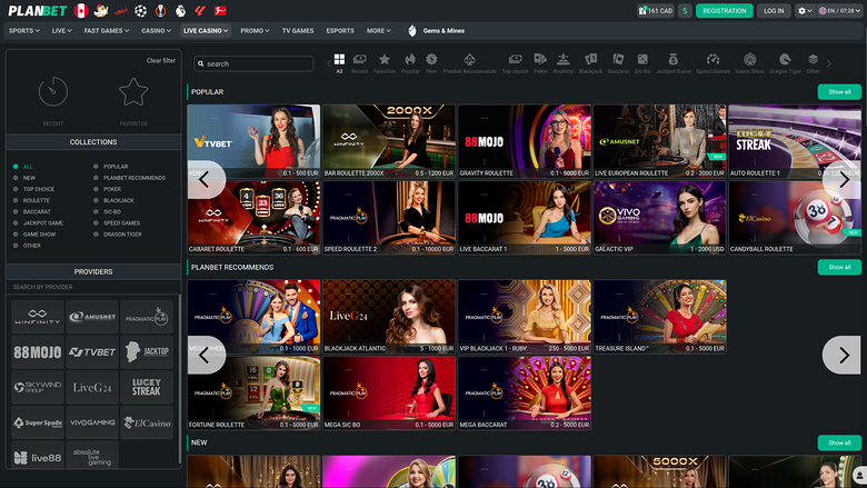 PlanBet Casino — Live dealer lobby