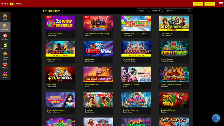 An online casino lobby screen titled Online Slots showing a grid of game tiles with a left sidebar menu and a top header.