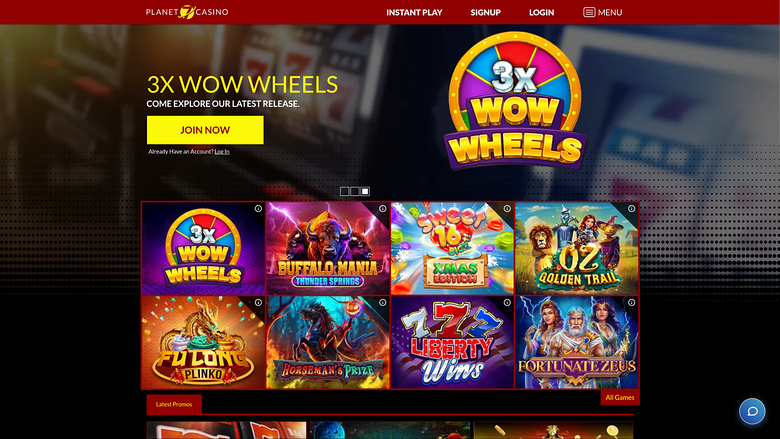 A Planet 7 Casino landing page promoting the 3x Wow Wheels slot with a hero banner and a grid of game tiles.