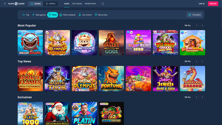 An online casino lobby page showing rows of game tiles under Most Popular, Top News and Exclusives headings.