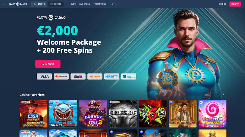A Platin Casino homepage showing a €2,000 welcome package with 200 free spins, a hero character, payment icons and a row of game tiles.