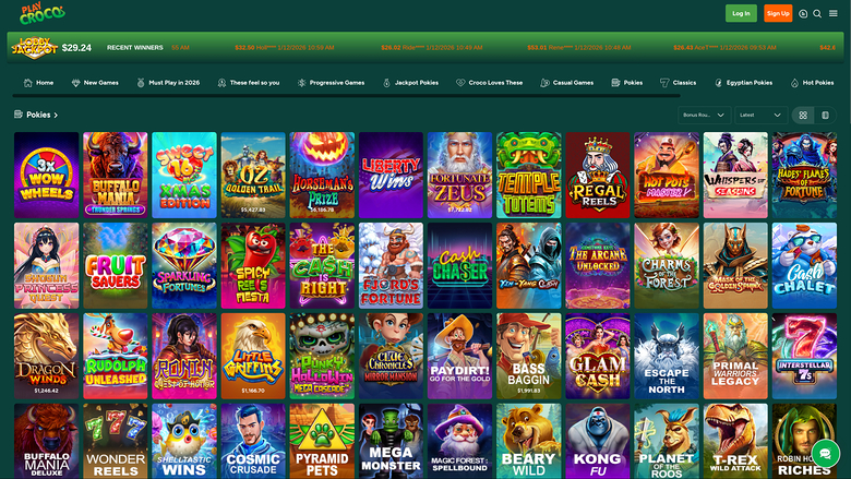 An online casino lobby screen showing a grid of game tiles under a 'Pokies' category with a top navigation bar and jackpot ticker.