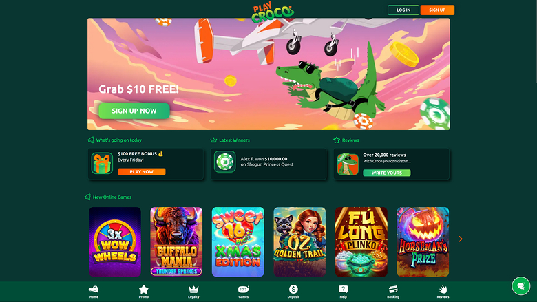 A casino homepage for Play Croco shows a promotional hero banner, three info panels and a row of game tiles above a mobile-style bottom navigation bar.
