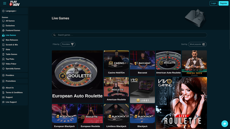 Play2Win Casino — Live dealer lobby