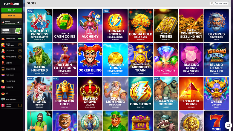 A casino lobby slots screen showing a grid of game tiles with a left sidebar menu and top search bar.