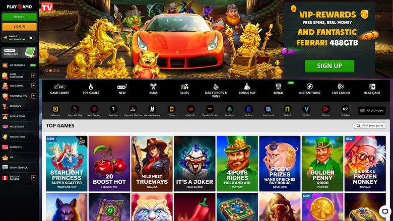 An online casino lobby screen showing a promotional hero banner, a horizontal category menu, a provider strip and a grid of top game tiles.
