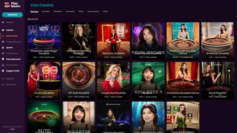 Playboom Casino — Live dealer lobby