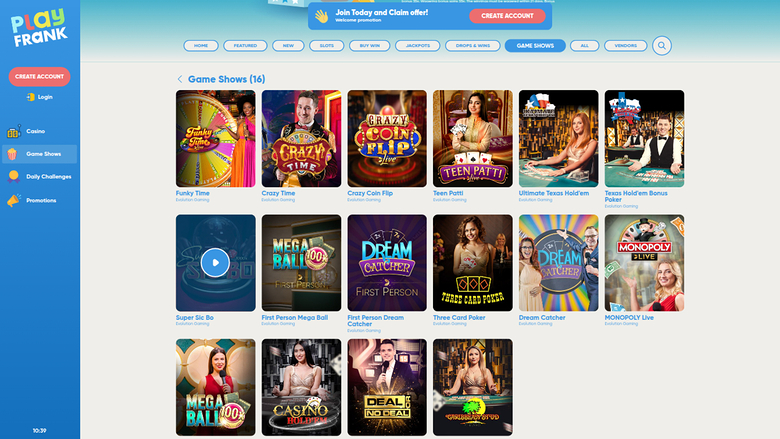 PlayFrank Casino — Live dealer lobby