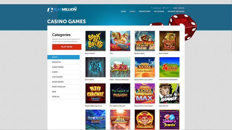 A casino games lobby page on the PlayMillion site showing a category sidebar and a grid of game tiles.