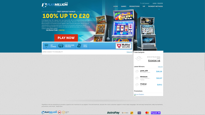 A PlayMillion casino landing page showing a first deposit bonus offer with slot machine graphics and a jackpot sidebar.