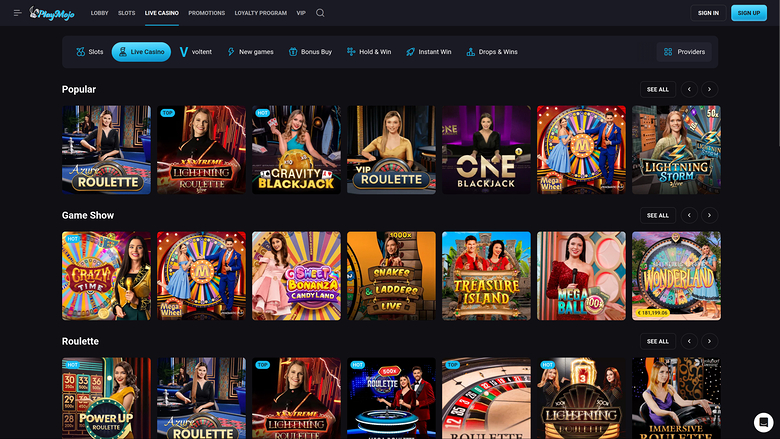 PlayMojo Casino — Live dealer lobby