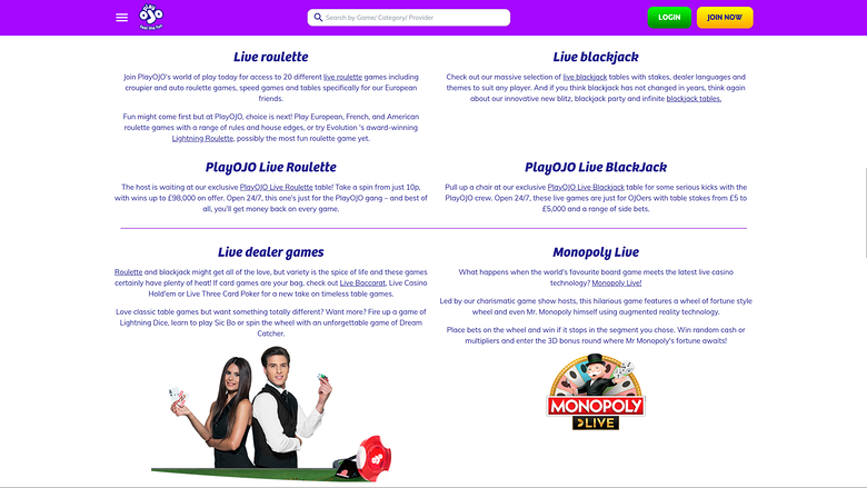 PlayOJO Casino — Live dealer lobby