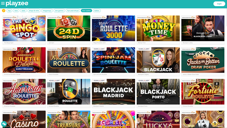 PlayZee Casino — Live dealer lobby