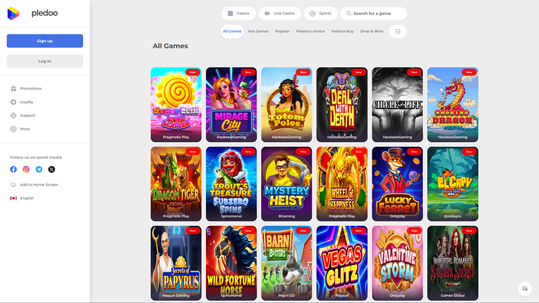 An online casino lobby screen showing a grid of game tiles under an 'All Games' heading with a left sidebar menu.
