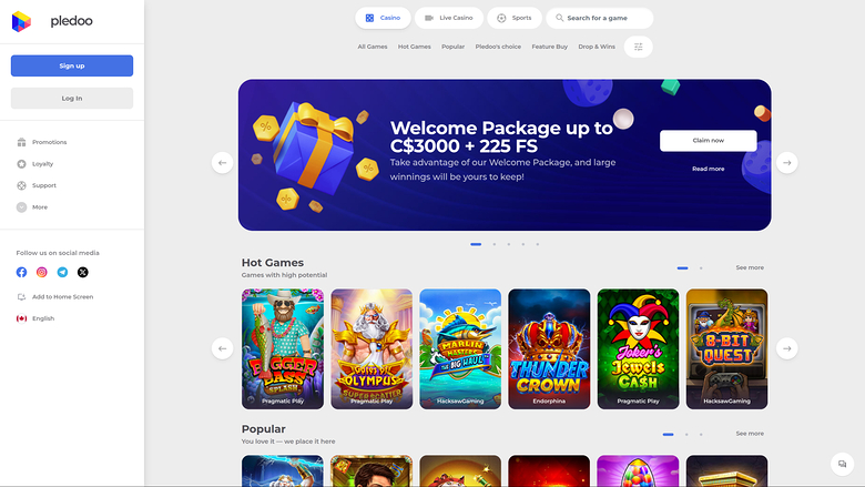 An online casino lobby screen for Pledoo showing a welcome bonus banner and rows of game tiles.