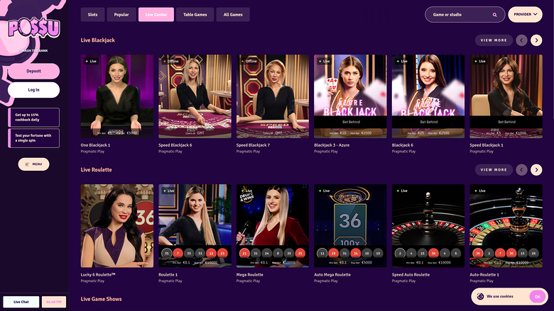 Possu Casino — Live dealer lobby
