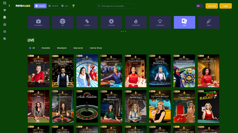 Pots of Luck Casino — Live dealer lobby