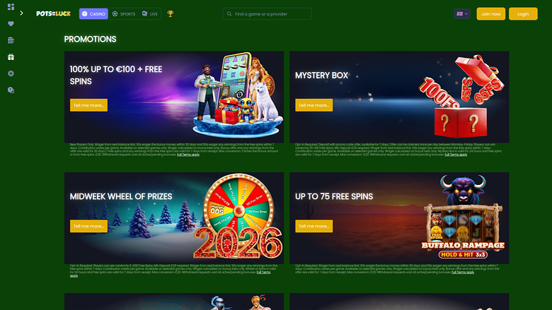 Pots of Luck Casino — Promotions page