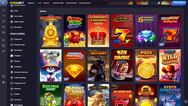 A casino lobby screen showing a 'Slots' game grid with a left sidebar of providers and a top navigation bar.