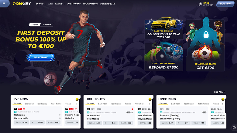 A Powbet sportsbook homepage showing a first deposit bonus hero banner, promotional tiles and three sports betting columns.