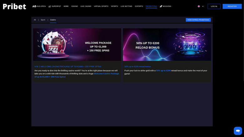 Pribet Casino — Promotions page