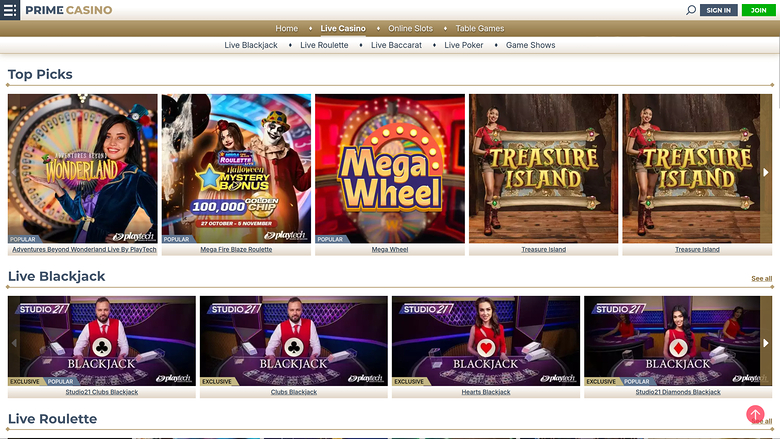 Prime Casino — Live dealer lobby