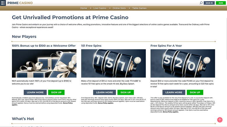 Prime Casino — Promotions page