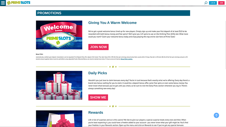 Prime Slots — Promotions page
