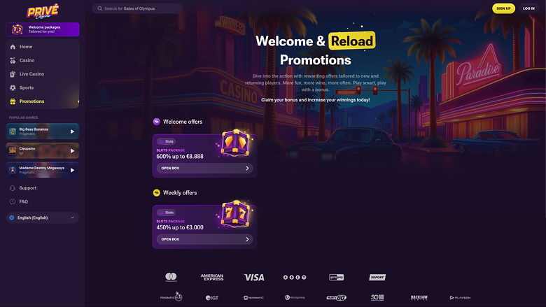 Prive Casino — Promotions page