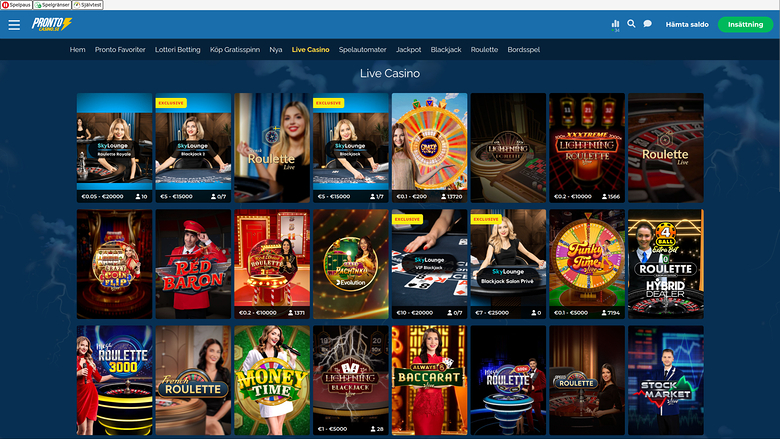 Pronto Casino — Live dealer lobby
