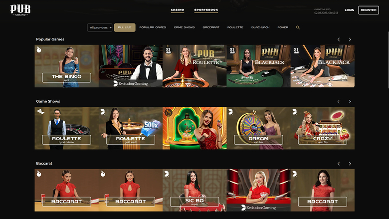 Pub Casino — Live dealer lobby