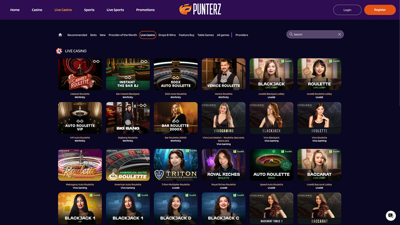 Punterz Casino — Live dealer lobby