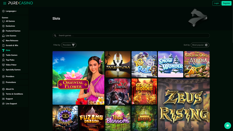 A casino lobby 'Slots' page with a left sidebar menu, a search bar, filter and sort controls, and a grid of game tiles.