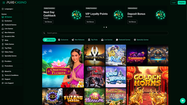 An online casino lobby page for Pure Casino showing a left sidebar menu, three promotional banners, a search bar, category tabs and a grid of game tiles.
