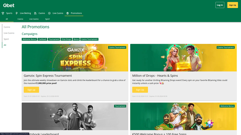 Qbet Casino — Promotions page