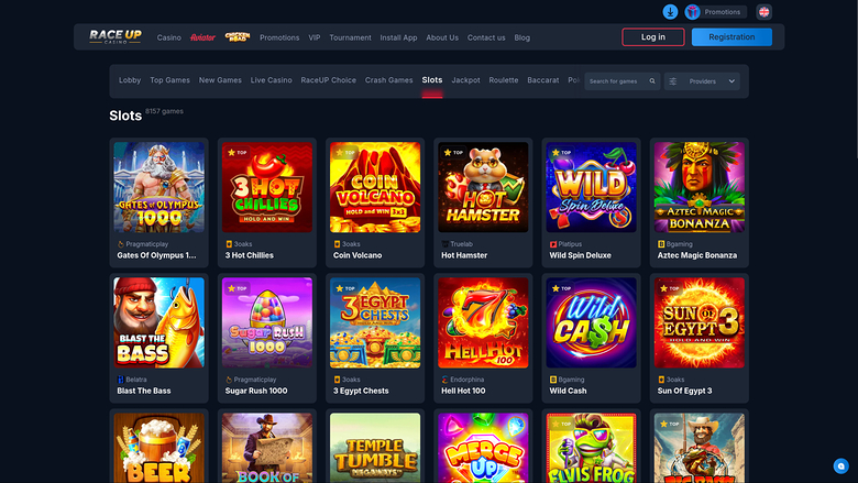 A slots lobby page on the Race Up casino site showing a grid of game tiles under a 'Slots' heading with 57 games indicated.
