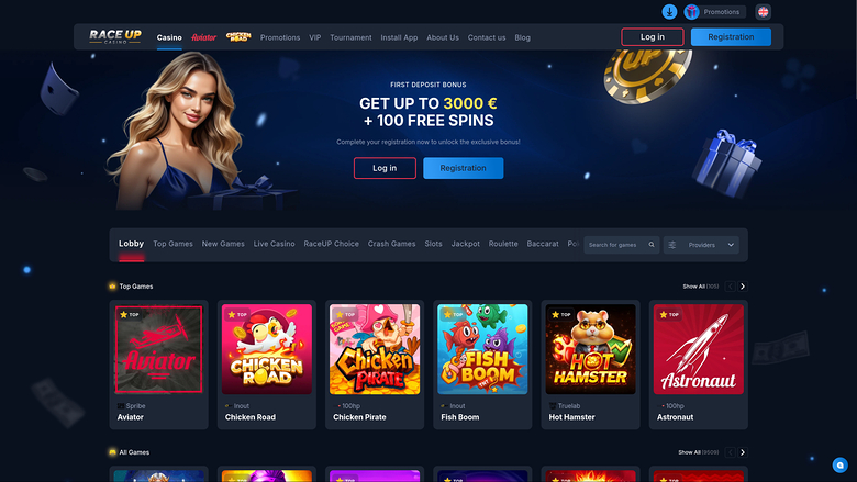 A casino lobby homepage shows a first deposit bonus hero banner above a game lobby with category tabs and a row of game tiles.