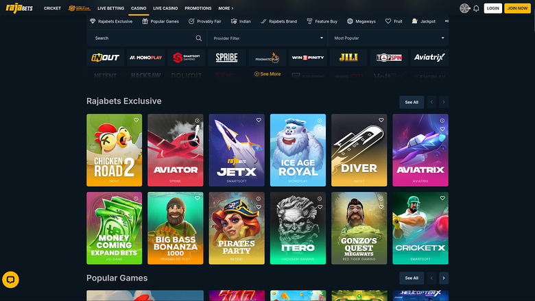 Rajabets Casino — Games lobby