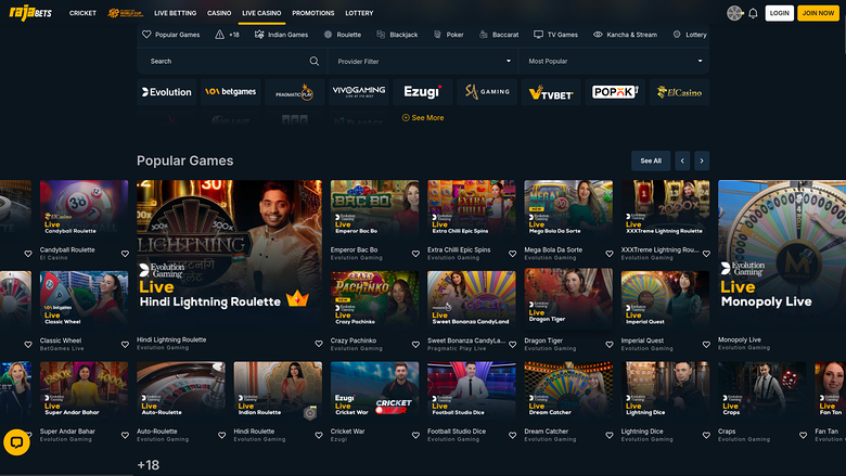 Rajabets Casino — Live dealer lobby