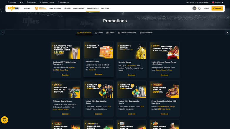 Rajabets Casino — Promotions page