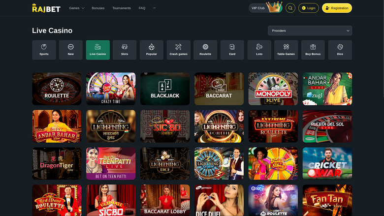 RajBet Casino — Live dealer lobby