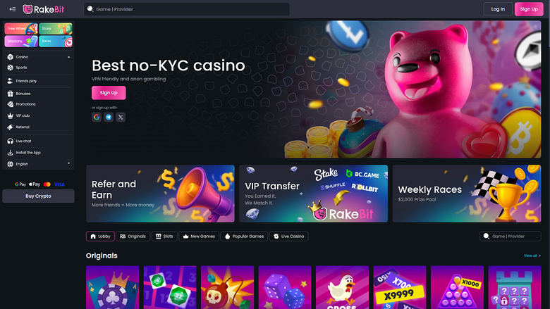 A RakeBit online casino homepage showing a 'Best no-KYC casino' hero banner, promotional tiles and a row of game thumbnails.