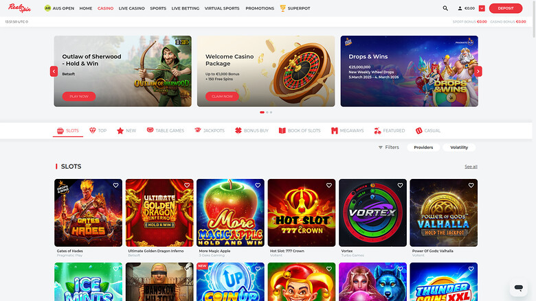 An online casino lobby page showing a promotional carousel, a category tab bar and a grid of slot game tiles.