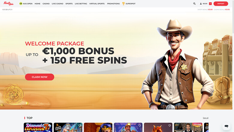 A casino homepage hero banner shows a 'Welcome Package up to €1,000 Bonus + 150 Free Spins' with a cowboy character and a row of game tiles below.