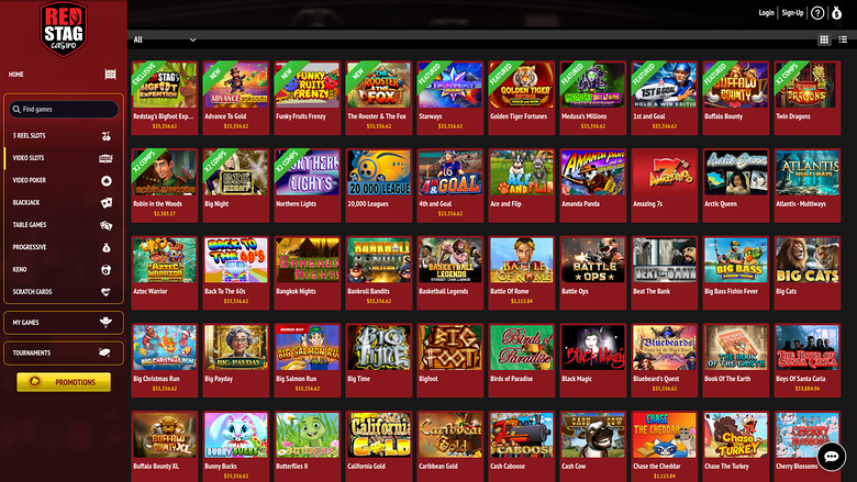 A casino lobby screen showing a grid of game tiles with a left sidebar menu and top header.