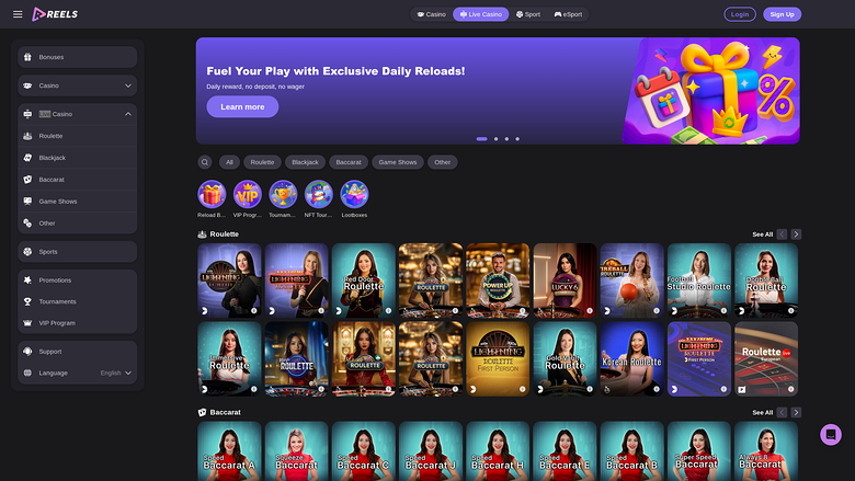 Reels.io Casino — Live dealer lobby