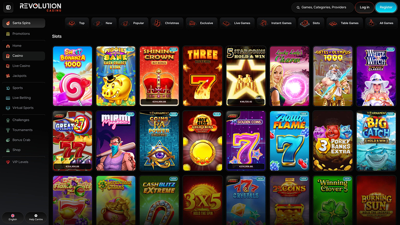 An online casino lobby screen showing a grid of slot game tiles under a 'Slots' heading, with a left sidebar menu and top navigation bar.