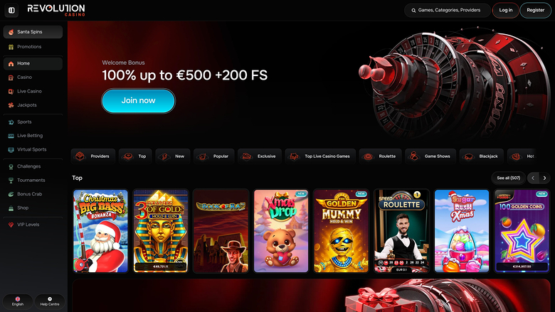 An online casino lobby screen showing a welcome bonus hero banner, a left sidebar menu, category tabs and a row of game tiles.