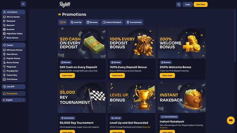 ReyBets Casino — Promotions page